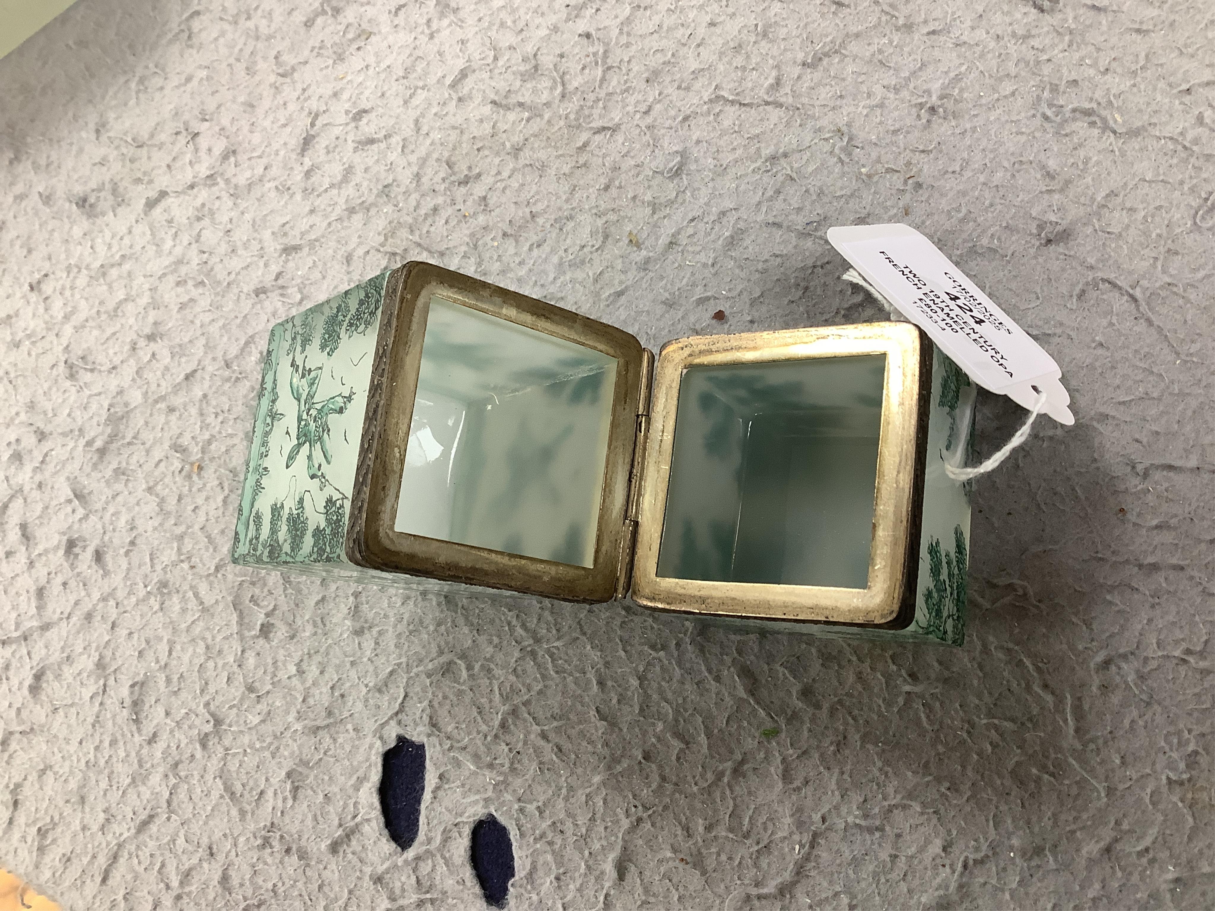 Two 19th century French enamelled opaline glass desk accessory boxes, 13.5cm. Condition - good